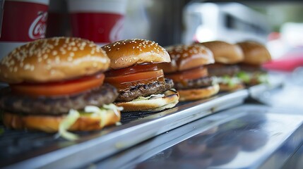 Wall Mural - freshly flame grilled burgers in a row on the metal counter of a take out food truck