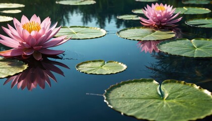 Poster - Pink Water Lily Flowers Blooming on a Pond.