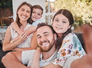 Canvas Print - Happy, family selfie and portrait in home with children and parents together with love and care on couch. Smile, social media and living room with support and hug for profile picture for internet