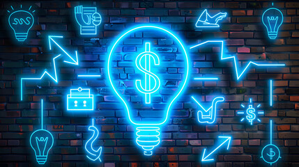 Wall Mural - Creative Idea Concept with Business Symbols in realistic, blue neon light, marketing icons and symbols, such as lightbulbs, arrows, and dollar signs.