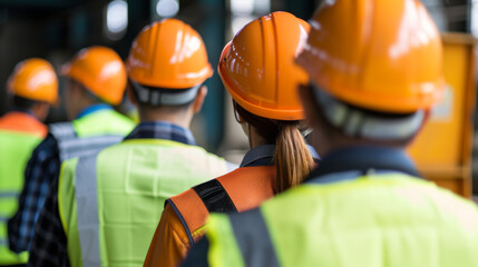 Canvas Print - A group of construction workers wearing orange safety vests and hard hats