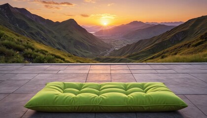 Canvas Print - Green Cushion on Terrace with Mountain View at Sunset.