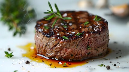 Wall Mural - Grilled beef filet mignon steaks, medium rare, juicy center, seared exterior, white marble countertop, fresh herb garnish, coarse salt flakes, olive oil sheen.