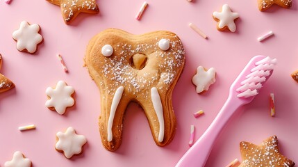 Wall Mural - Gingerbread in the shape of a tooth and pink toothbrush background