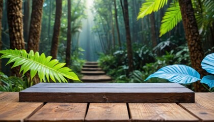 Sticker - Wooden Tabletop In Front Of A Tropical Jungle.