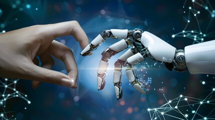 Big Data concept. Digital neural network.Business woman hand touching Introduction of artificial intelligence. Cyberspace of future.Science and innovation of technology.