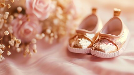 Wall Mural - Golden baby shoes on light pink table background