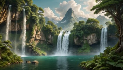 Canvas Print - Lush Waterfall in a Tranquil Tropical Paradise.