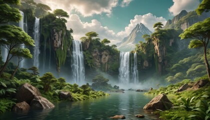 Wall Mural - Lush Rainforest Waterfall Landscape.