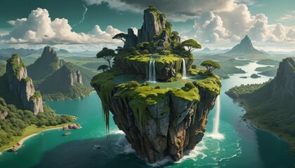 Poster - Floating Island with Waterfall and Green Landscape.