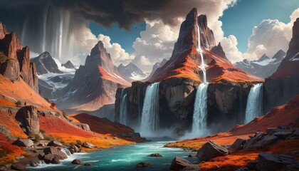 Wall Mural - Majestic Mountain Waterfall Landscape.