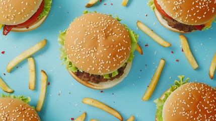 Wall Mural - Greasy fast food burgers french fries on blue background