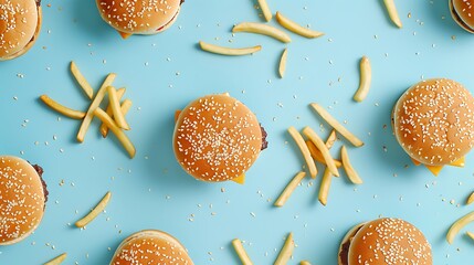 Wall Mural - Greasy fast food burgers french fries on blue background