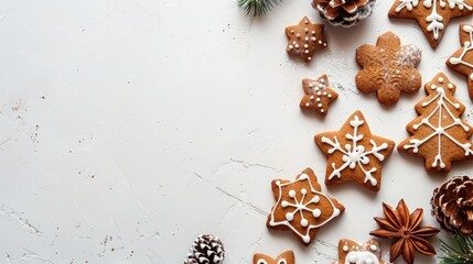 Homemade gingerbread icing cookies on white background for Christmas and New Year festivities Top view with space for text