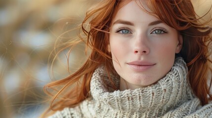 Wall Mural - Beautiful woman with long red hair, wearing light sweater, looking at camera.