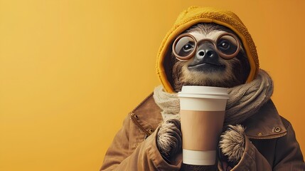 Wall Mural - Surreal of a Sloth Wearing Hipster Outfit Drinking Coffee on Plain Background