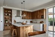 © Mudassir - White and wooden kitchen interior with island.