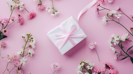 Wall Mural - Top view of gift box ribbon and flowers on pink table