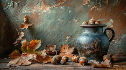 Sticker - Vintage still life with acorns and pot on wooden surface