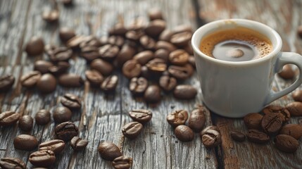 Canvas Print - Roasted coffee beans and a cup of coffee on a wooden table