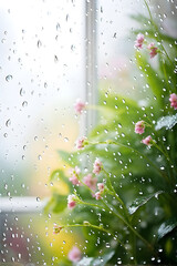 Wall Mural - spring background with rain drops on the window. natural texture concept
