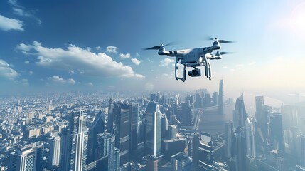 Canvas Print - Drone flying over a modern city with skyscrapers