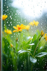 Wall Mural - spring background with rain drops on the window. natural texture concept