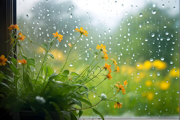 Wall Mural - spring background with rain drops on the window. natural texture concept