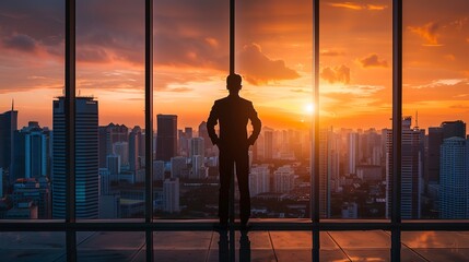 Canvas Print - Silhouette of businessman gazing out at city skyline at sunset from office 