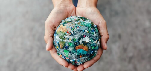 Hands holding earth covered in recyclable waste, protect our planet, recycling, waste reduction, focus cover all  object, deep depth of field, no blur,