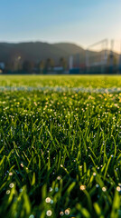 Wall Mural - Close up of green grass at sunrise