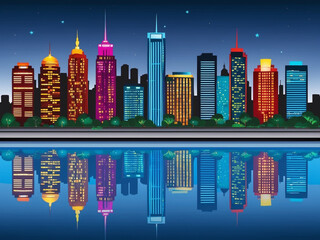 Wall Mural - A stunning city skyline at night, with skyscrapers lit up in various colors. The lights reflect off a nearby river, creating a beautiful mirrored effect.