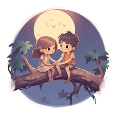 Canvas Print - a boy and a girl sitting on a tree branch