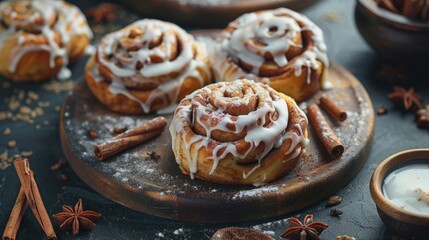 Poster - Homemade cinnamon buns with glaze on dark background top view