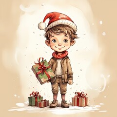 Poster - a little boy wearing a santa hat and holding presents