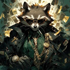 Sticker - a painting of a raccoon wearing a suit and sunglasses