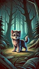 Wall Mural - a painting of a small dog standing in a forest