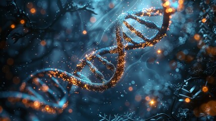 A blue double helix DNA strand with glowing highlights against an abstract dark background.