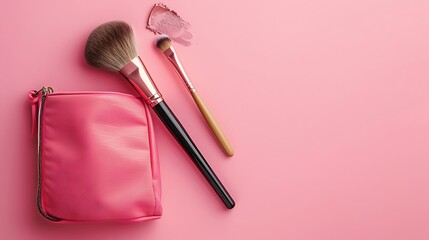 Makeup brush and cosmetic bag on a pink background