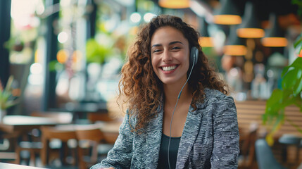 Wall Mural - Smiling female customer service representative talking through a headset at a table in a cafeteria, engaged in providing customer assistance with a friendly demeanor.