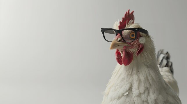 Chicken fashion icon, avantgarde attire, minimalist white background, highcontrast lighting, frontal angle , 3D render