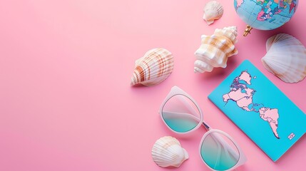 Wall Mural - Minimal simple flat lay with plane passport sunglasses globe and shell on pink pastel trendy modern background