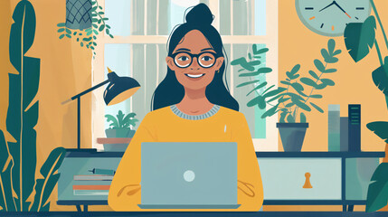 Wall Mural - Smiling female entrepreneur working from home with a laptop