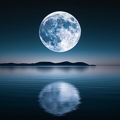 Wall Mural - oil painting style of a full moon reflecting over calm sea, taken with lens, more clarity with clear