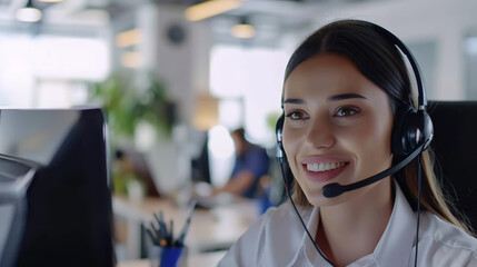 Wall Mural - A smiling, friendly female call-center agent wearing a headset and working on a support hotline in an office environment, providing assistance with a professional and approachable demeanor.