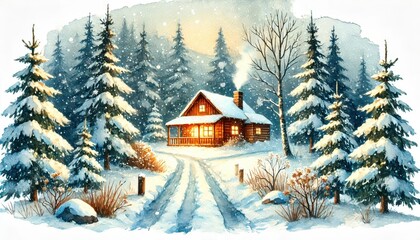 Wall Mural - Winter Wonderland Cottage: A cozy cabin nestled amidst a snowy forest, bathed in the warm glow of a winter sunset.  The path leading to the cabin is dusted with fresh snow, creating a scene of peace a