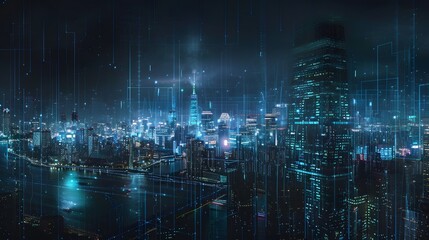 Modern city with wireless network connection and city scape concept.Wireless network and Connection technology concept with city background at night. 