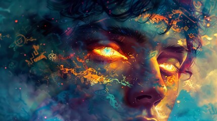 Poster - A captivating close-up portrait of a person with fiery eyes, surrounded by colorful abstract patterns and ethereal elements.