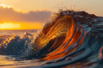 Wall Mural - A wave is breaking in the ocean at sunset.