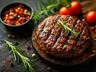 Wall Mural - a burger with tomatoes and herbs on a wooden board.
